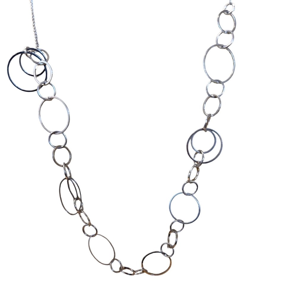 Silver Tone Geometric Multi Circle and Oval Link Long Chain Necklace Layering